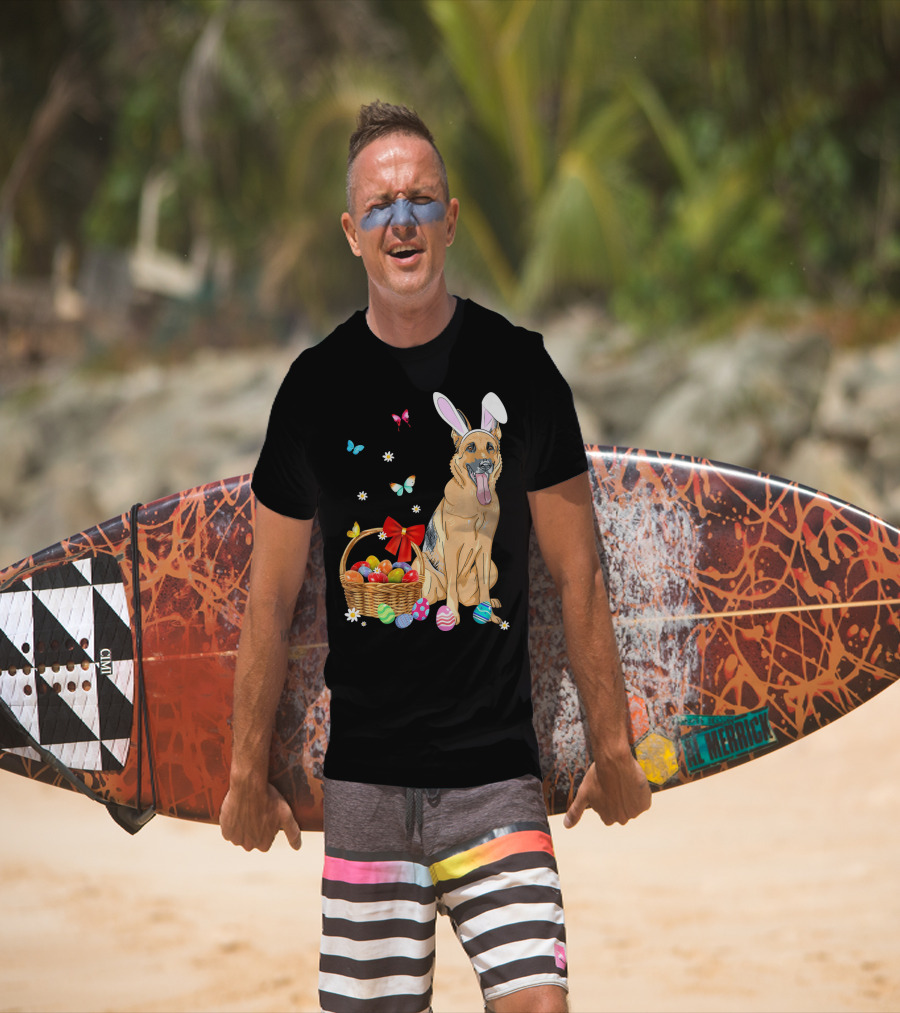 German Shepherd Bunny Ears Rabbit Easter Eggs Basket Butterflies T-Shirt