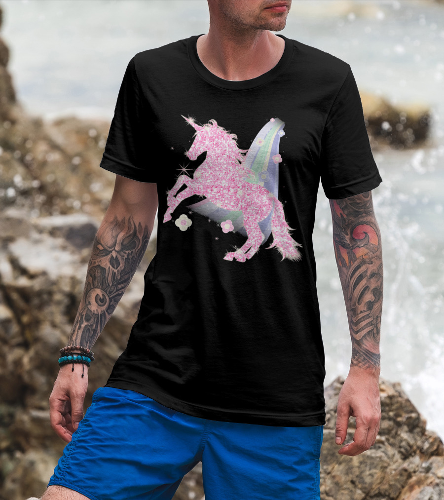 Pink Sparkle Unicorn With Easter Flowers And Rainbow Mane T-Shirt
