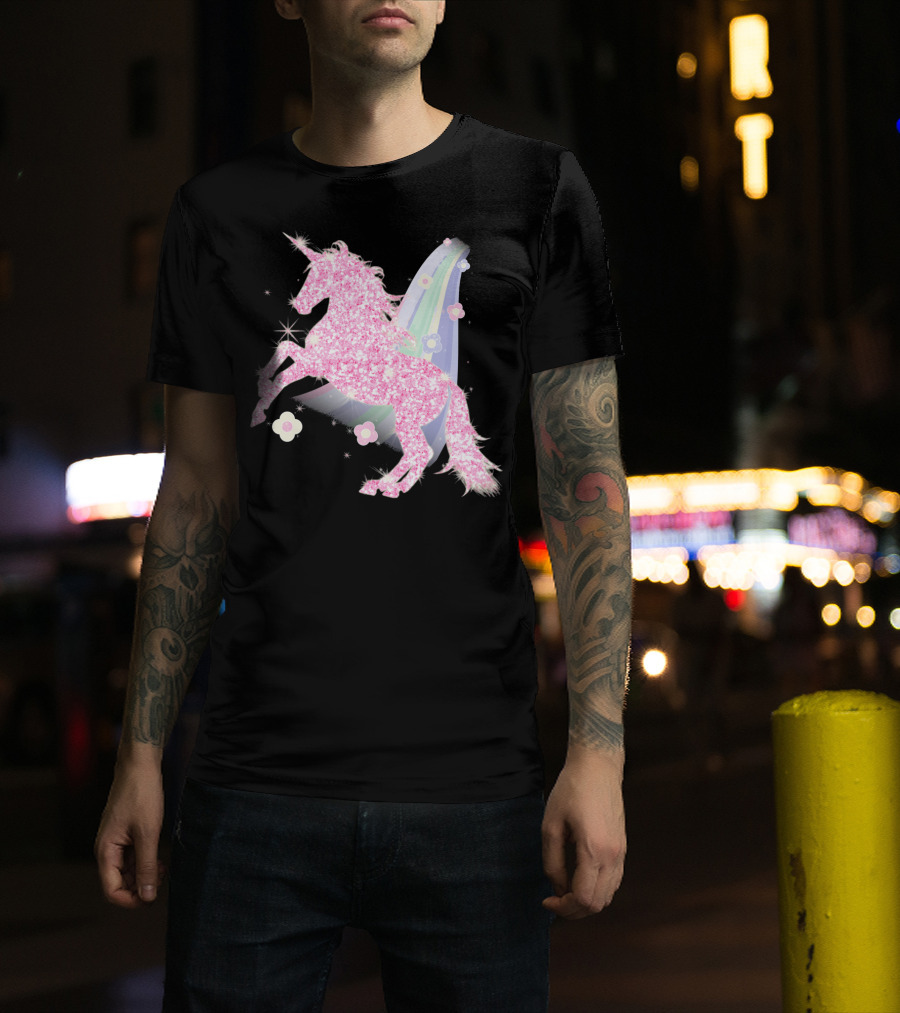 Pink Sparkle Unicorn With Easter Flowers And Rainbow Mane T-Shirt