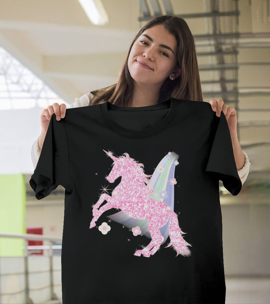 Pink Sparkle Unicorn with Easter Flowers and Rainbow Mane T-Shirt