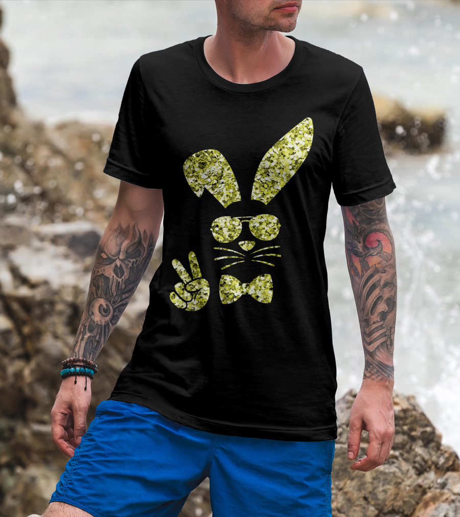Easter Bunny Girls Cute Gold Glitter Bunny With Sunglasses And Bow Tie T-Shirt