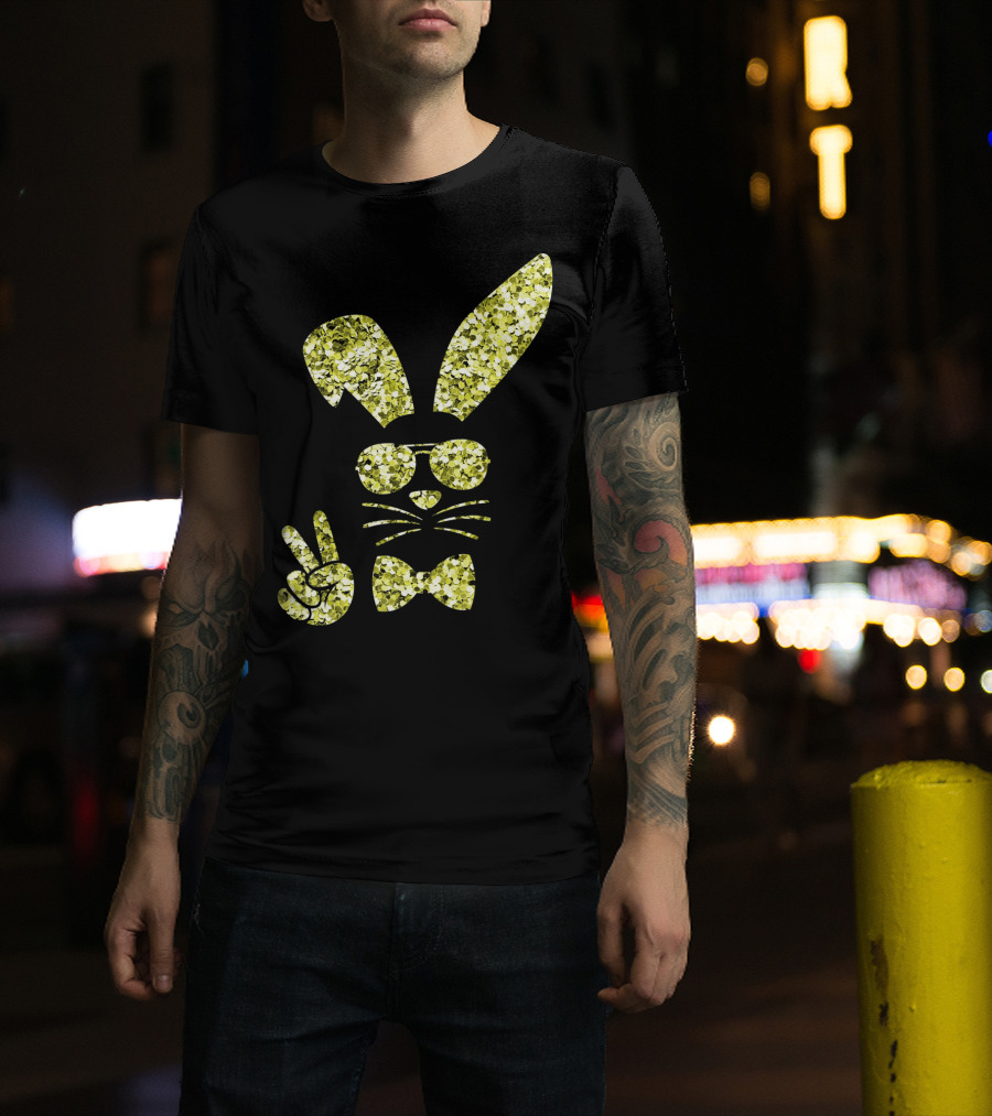 Easter Bunny Girls Cute Gold Glitter Bunny With Sunglasses And Bow Tie T-Shirt