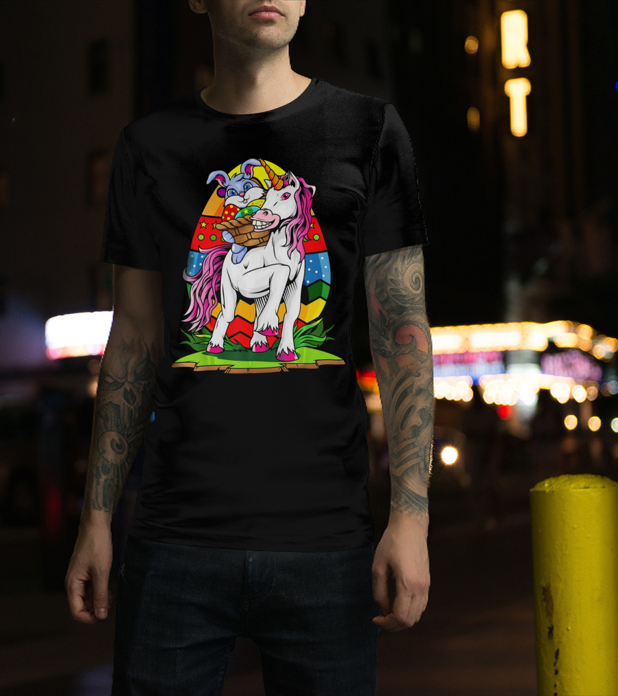 Funny Colorful Easter Bunny Riding Unicorn With Eggs T-Shirt