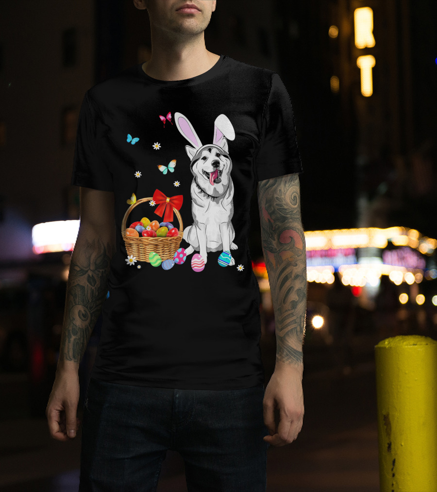 Siberian Husky Bunny Ears Easter Basket Eggs Butterflies T-Shirt