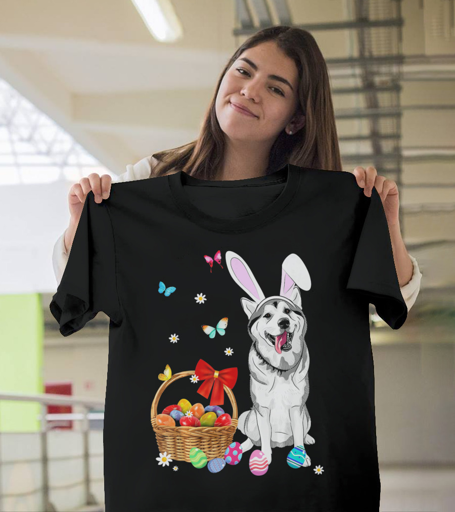 Siberian Husky Bunny Ears Easter Basket Eggs Butterflies T-Shirt
