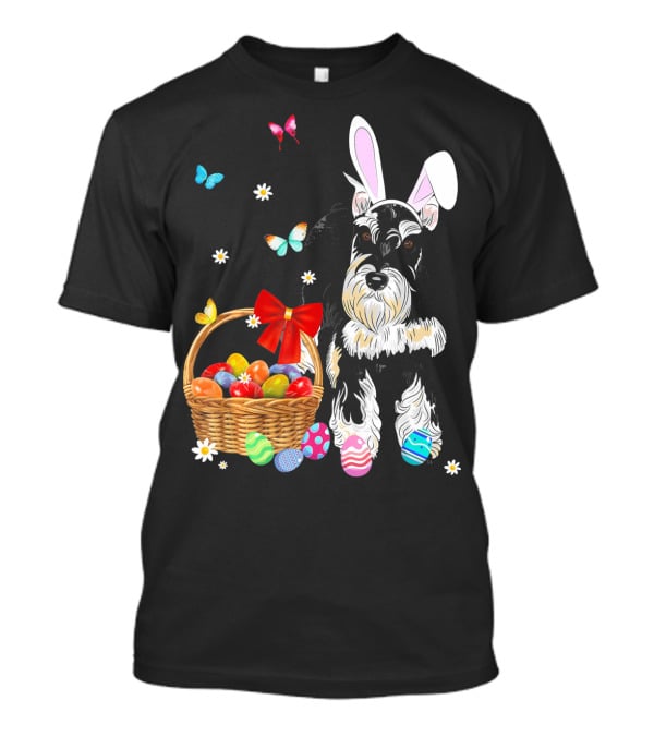 Miniature Schnauzer Bunny Ear With Easter Egg Basket And Butterflies T-Shirt