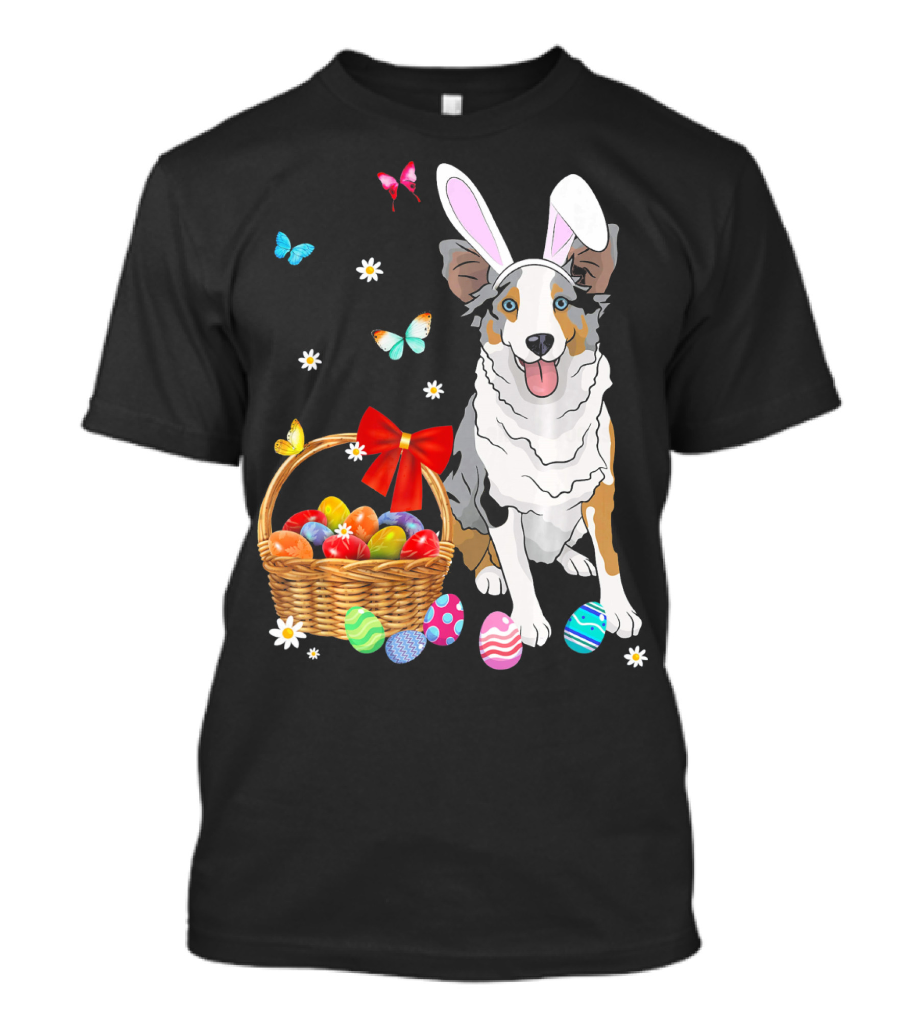 Australian Shepherd Bunny Ear Butterflies Basket Easter Egg Flowers T-Shirt