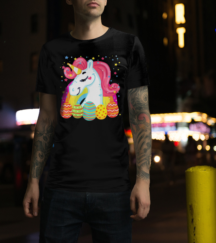 Unicorn With Rainbow Mane And Colorful Easter Eggs T-Shirt