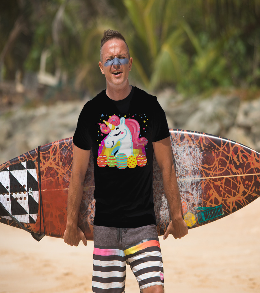 Unicorn With Rainbow Mane And Colorful Easter Eggs T-Shirt