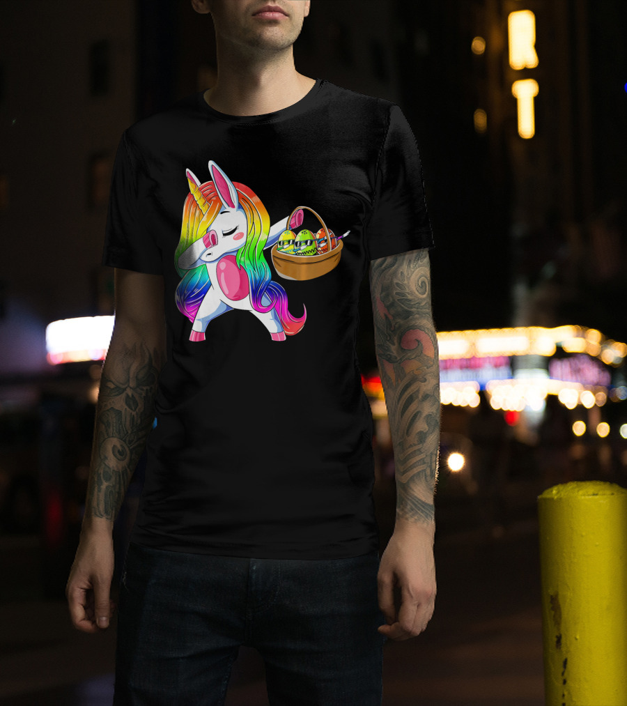 Girls Easter Unicorn Dabbing With Bunny Ear And Colorful Egg Basket T-Shirt