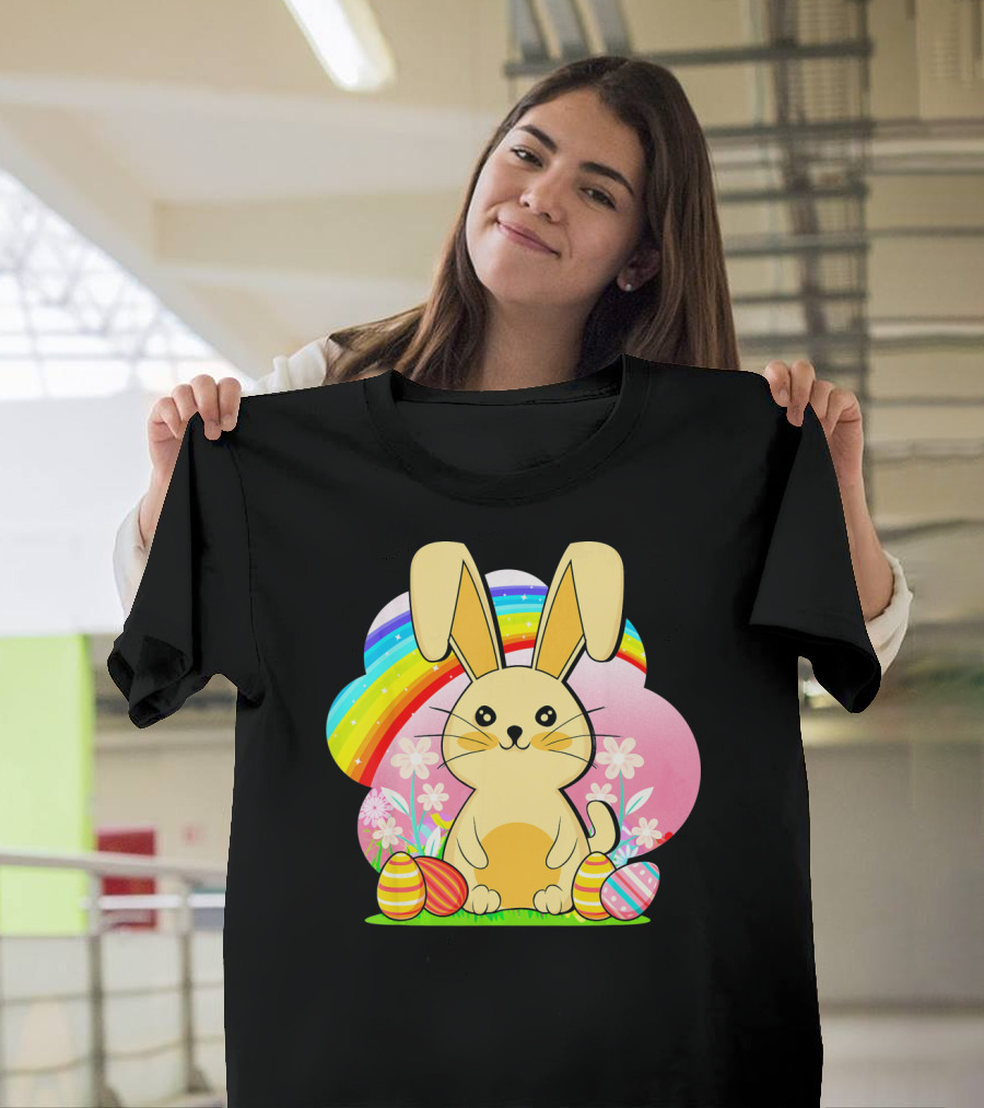 Easter Egg Bunny with Rainbow and Flowers T-Shirt