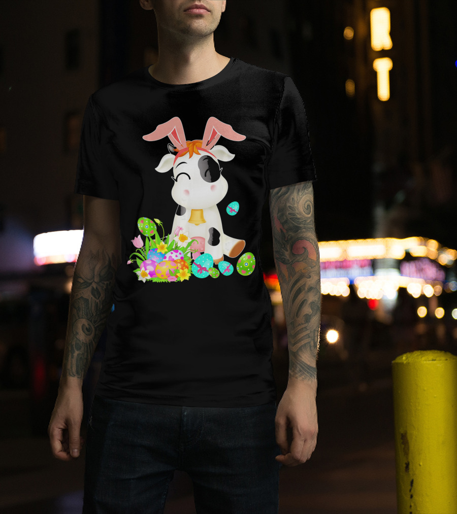 Happy Cow Easter Bunny With Colorful Eggs And Flowers T-Shirt