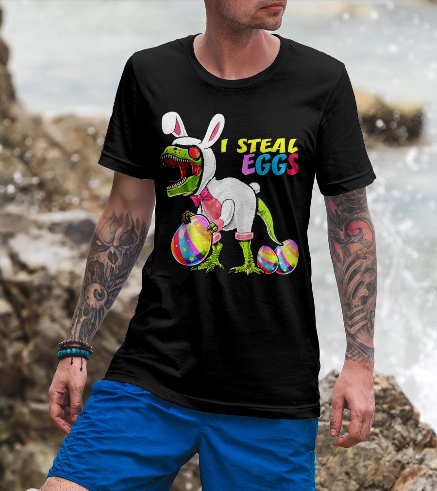 I Steal Easter Eggs Dinosaur Rex Bunny In Costume Holding Colorful Striped Eggs T-Shirt