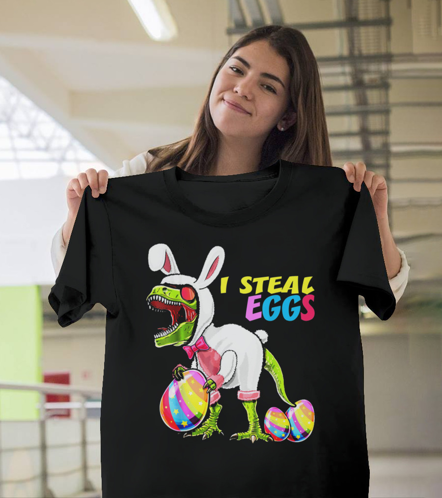 I Steal Easter Eggs Dinosaur Rex Bunny in Costume Holding Colorful Striped Eggs T-Shirt