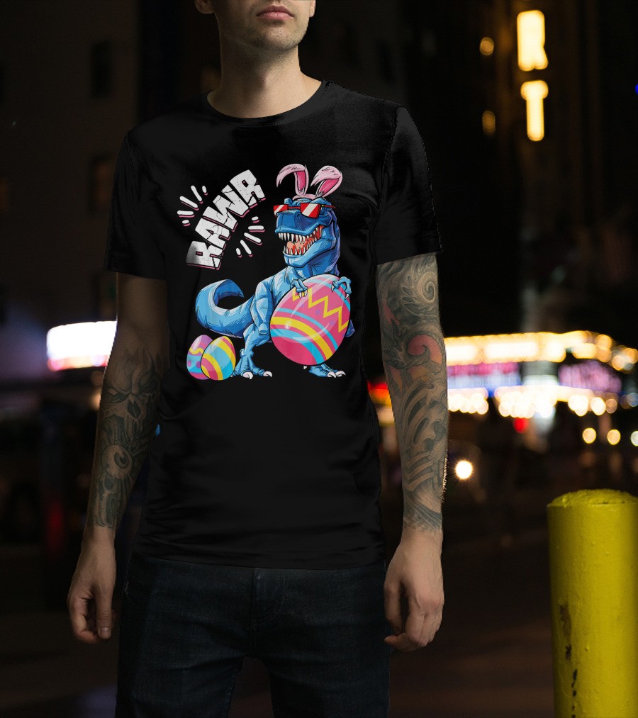 RAWR Easter Bunny Dinosaur T-Rex With Colorful Eggs T-Shirt