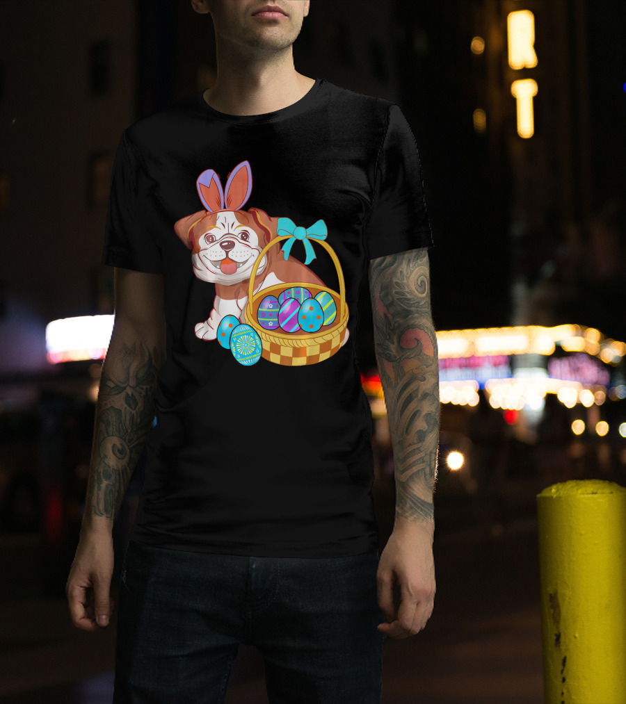 Easter Bulldog Holiday Bunny Ears With Easter Egg Basket T-Shirt