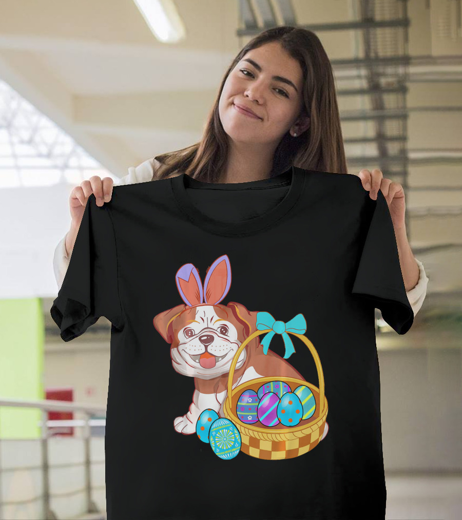 Easter Bulldog Holiday Bunny Ears With Easter Egg Basket T-Shirt