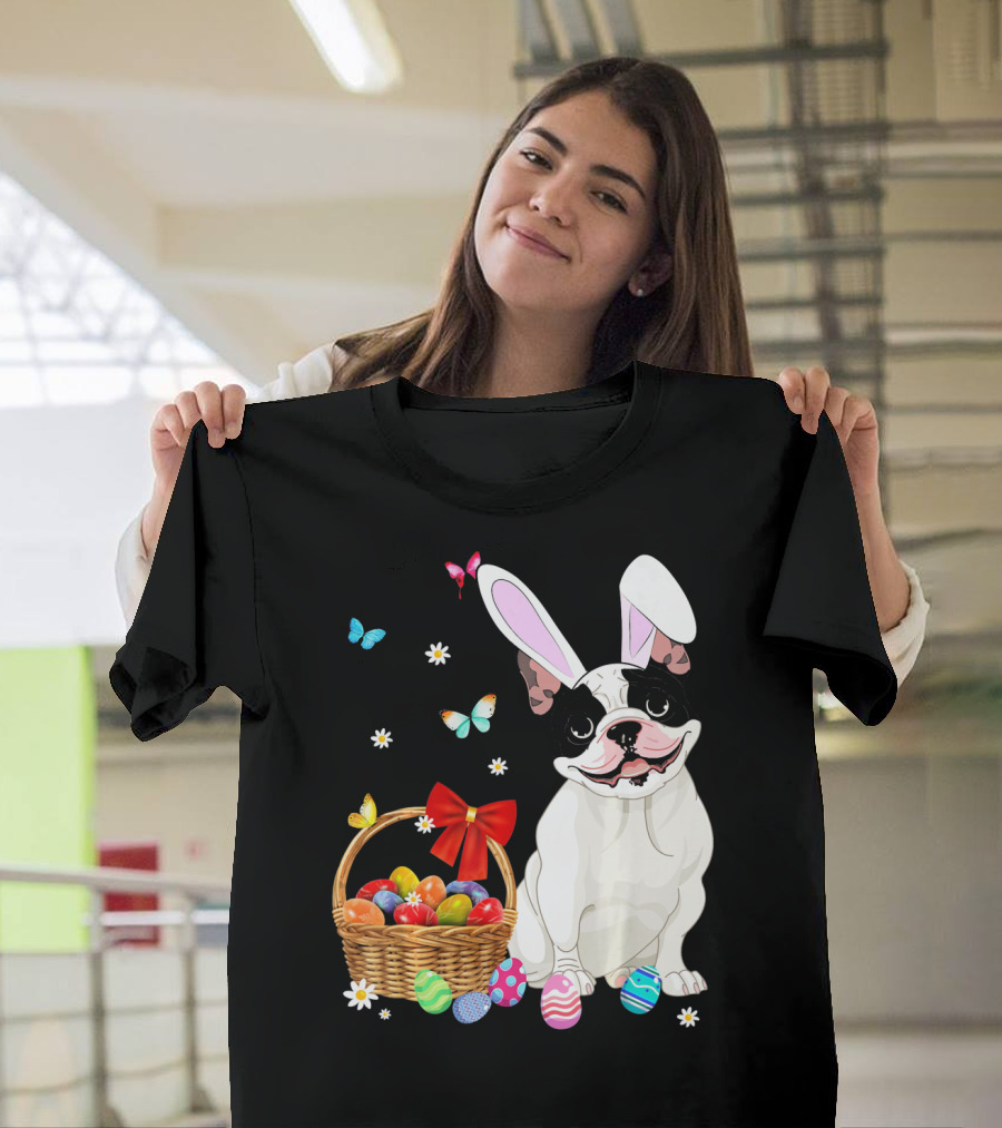 French Bulldog with Bunny Ears and Easter Egg Basket with Butterflies and Flowers T-Shirt