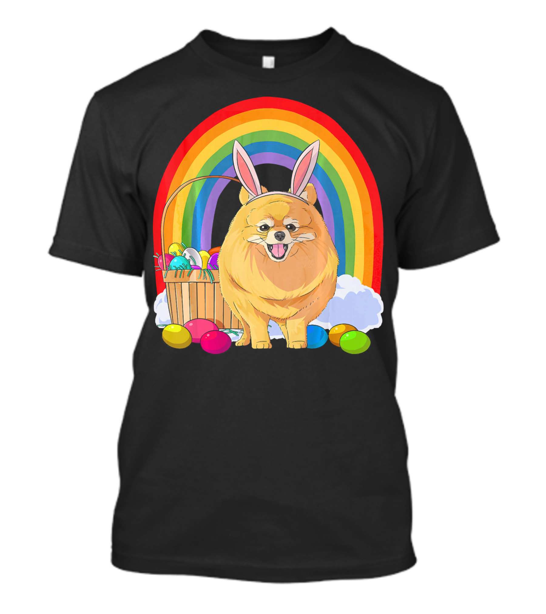 Easter Eggs Pomeranian Bunny Dog Rainbow Basket T-Shirt