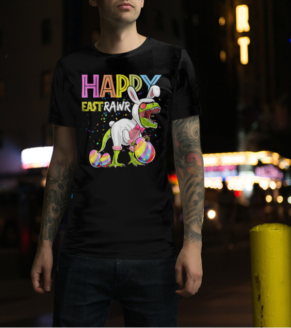 HAPPY EASTRAWR DINOSAUR BUNNY WITH EGGS AND CONFETTI T-Shirt