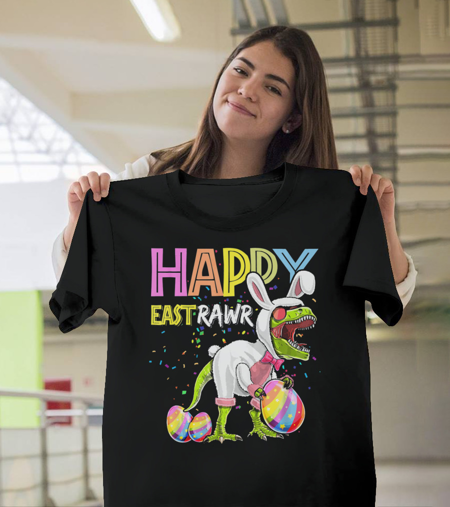 HAPPY EASTRAWR DINOSAUR BUNNY WITH EGGS AND CONFETTI T-Shirt