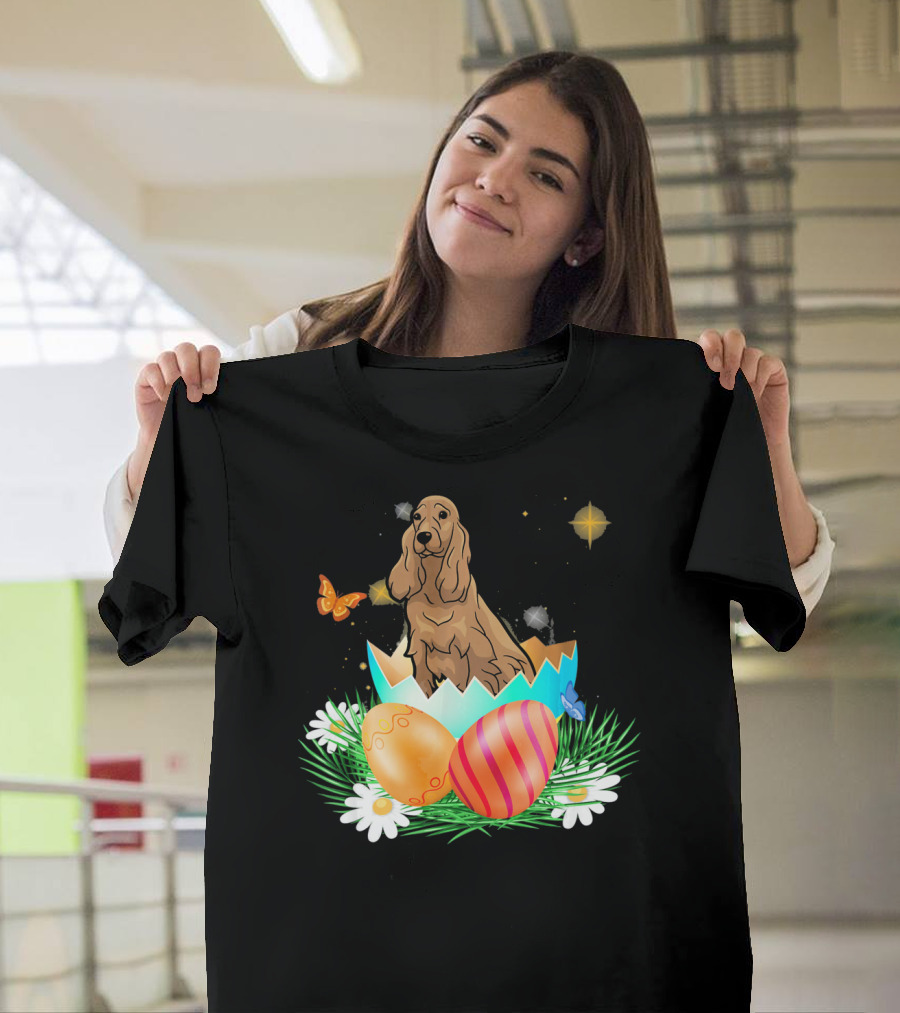 Easter Day Cocker Spaniel in Egg with Butterflies and Daisies T-Shirt