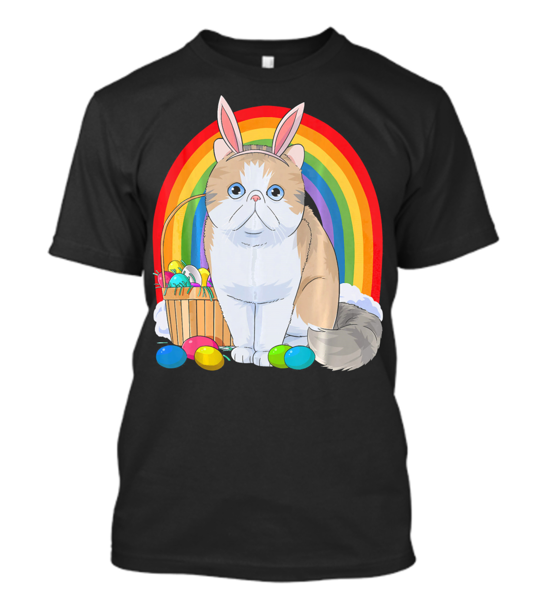 Exotic Shorthair Cat Bunny With Easter Eggs In Front Of Rainbow T-Shirt