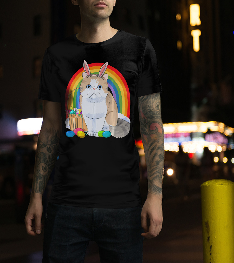 Exotic Shorthair Cat Bunny With Easter Eggs In Front Of Rainbow T-Shirt
