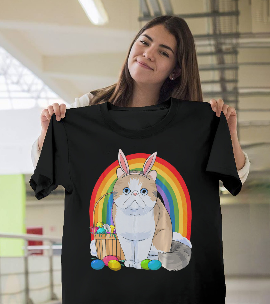 Exotic Shorthair Cat Bunny with Easter Eggs in Front of Rainbow T-Shirt