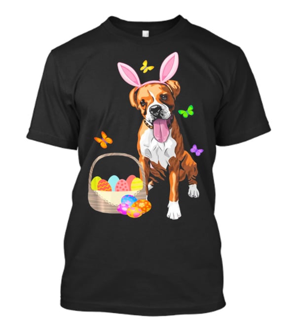 Girls Happy Easter Bunny Boxer Dog With Easter Eggs And Butterflies T-Shirt