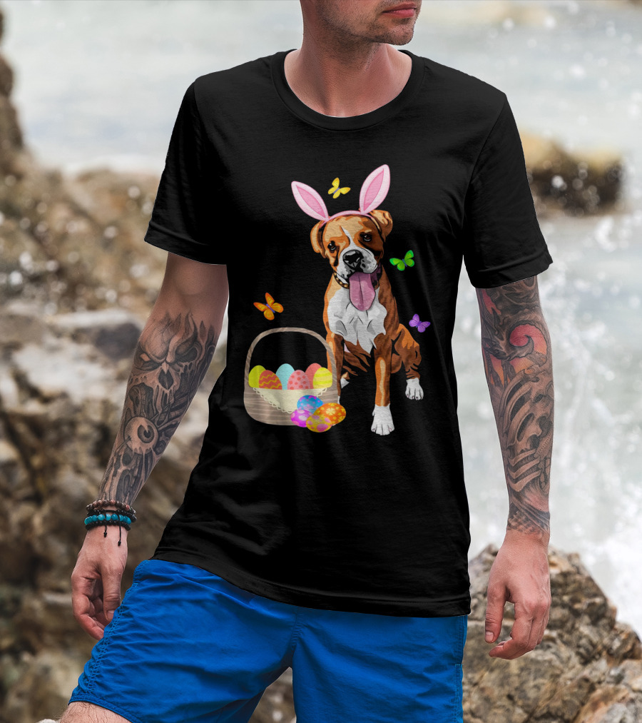 Girls Happy Easter Bunny Boxer Dog With Easter Eggs And Butterflies T-Shirt