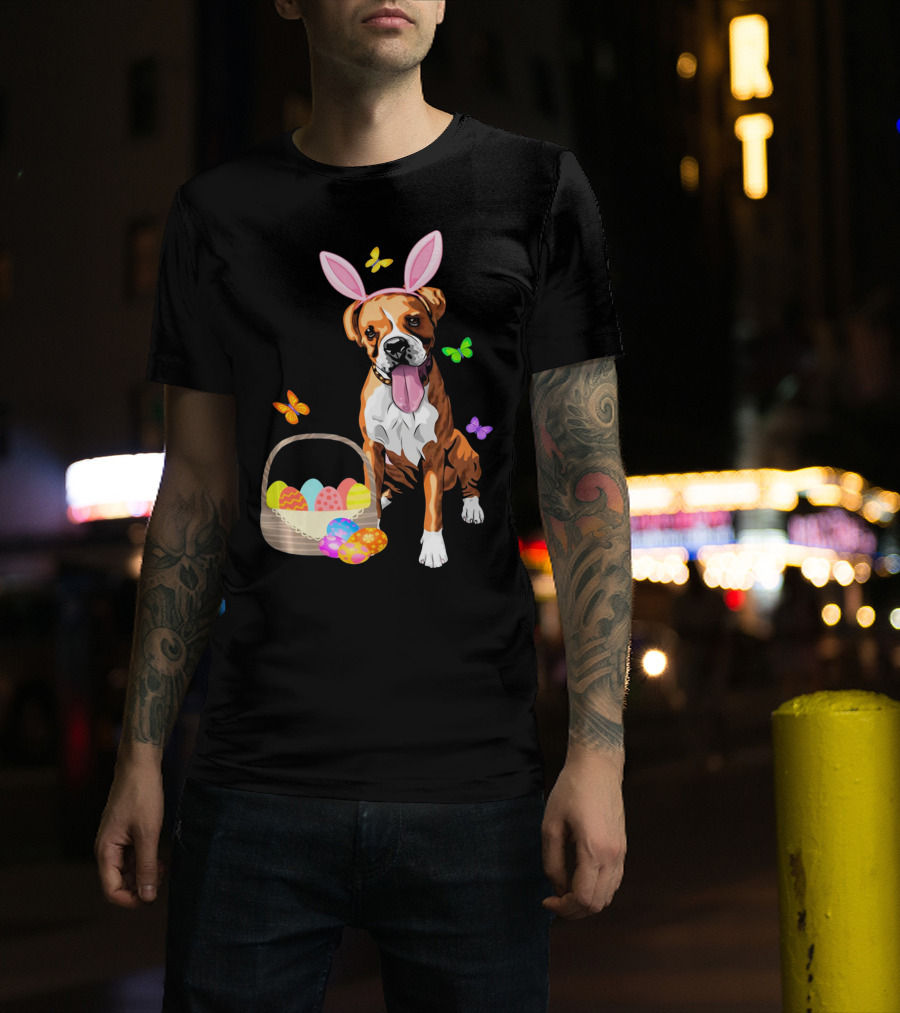 Girls Happy Easter Bunny Boxer Dog With Easter Eggs And Butterflies T-Shirt