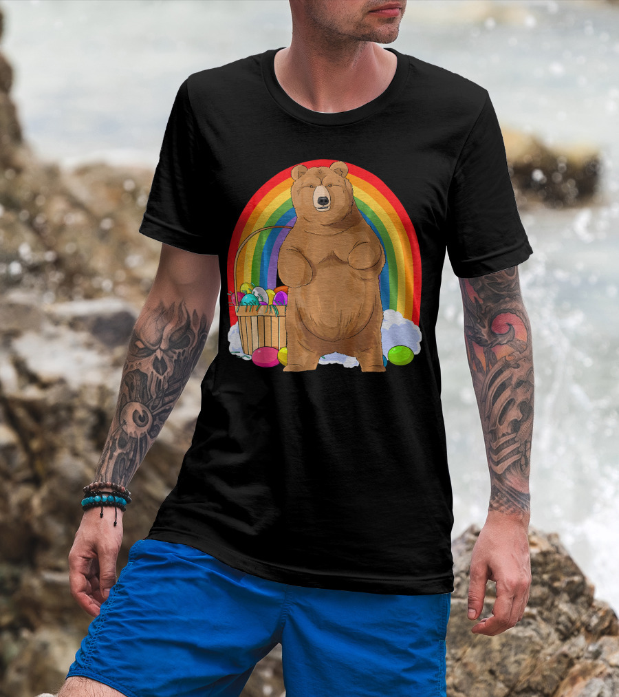 Bear With Easter Egg Basket And Rainbow Background T-Shirt