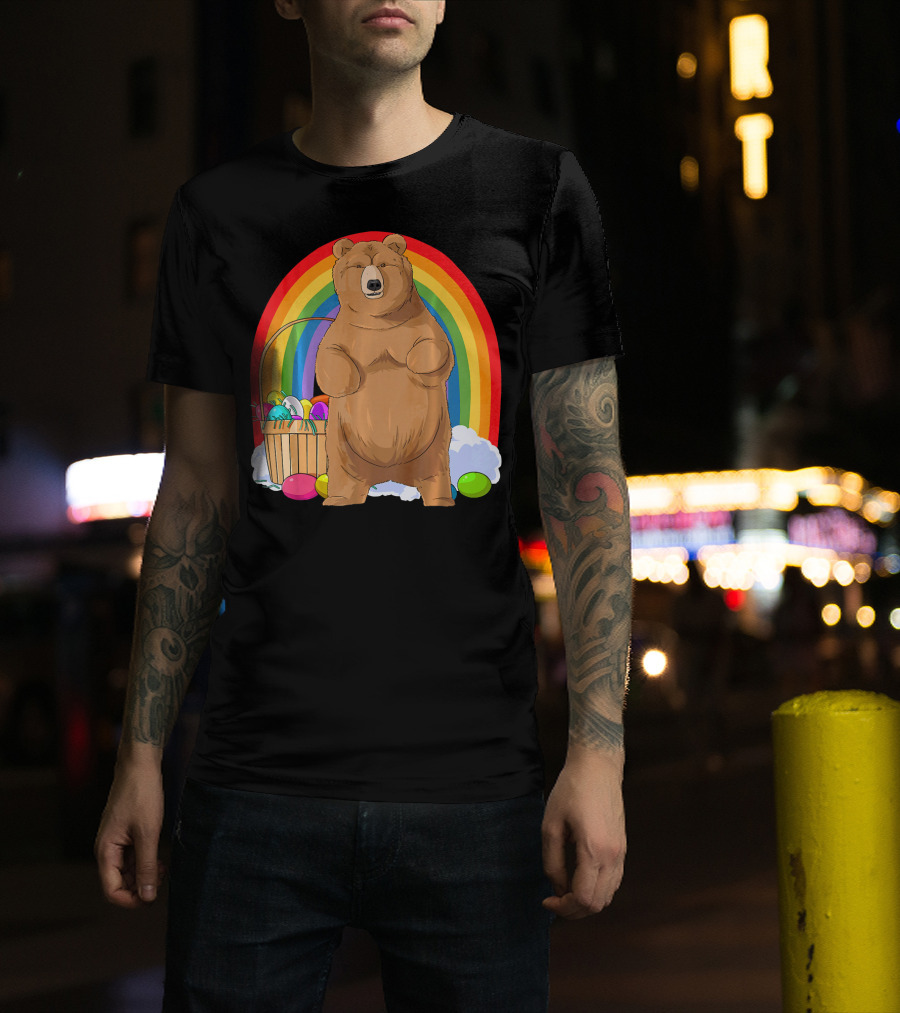 Bear With Easter Egg Basket And Rainbow Background T-Shirt