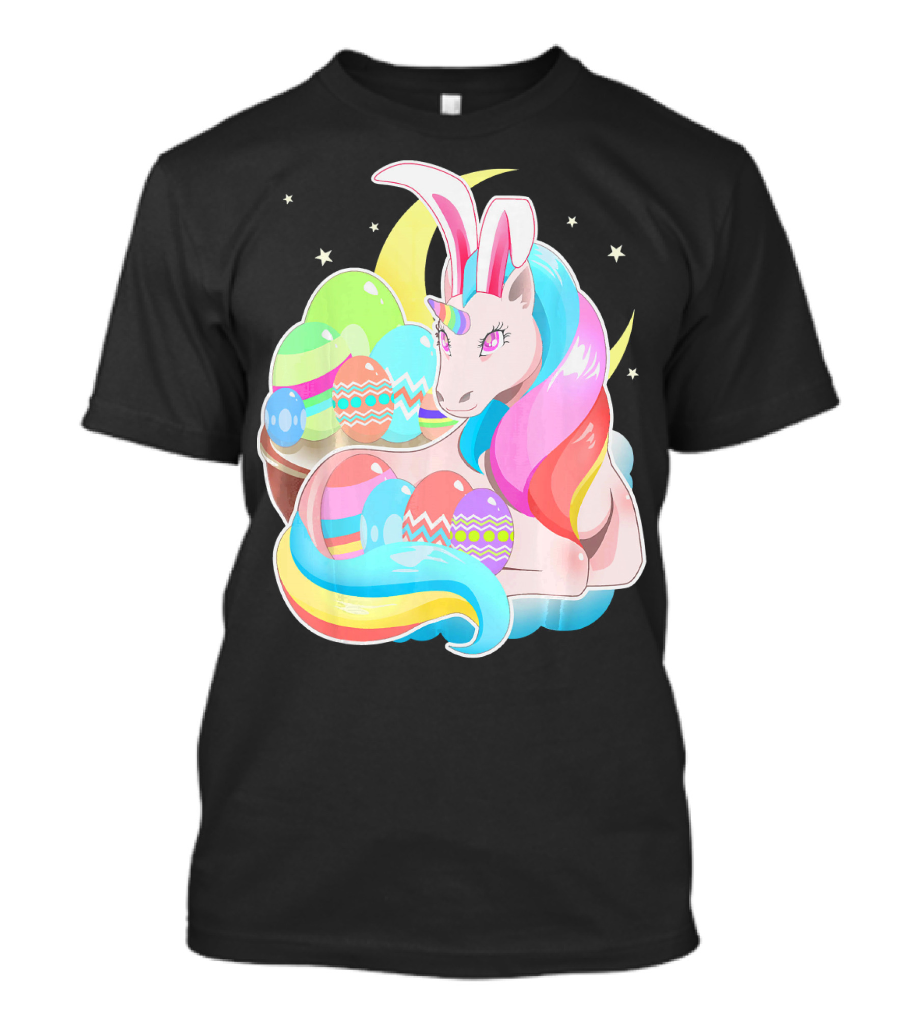 Unicorn Easter Bunny Ears Holiday Pastel Eggs And Moon Stars T-Shirt