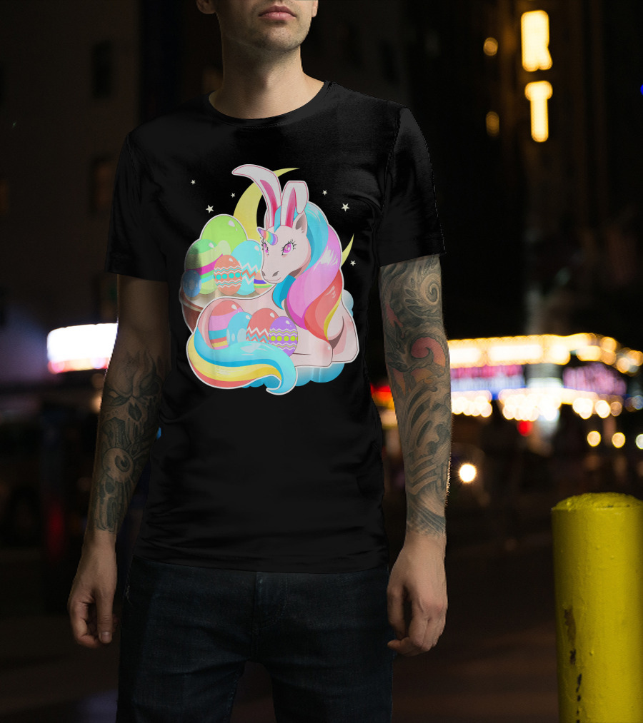 Unicorn Easter Bunny Ears Holiday Pastel Eggs And Moon Stars T-Shirt