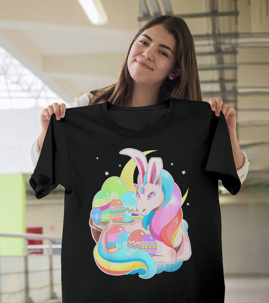 Unicorn Easter Bunny Ears Holiday Pastel Eggs and Moon Stars T-Shirt