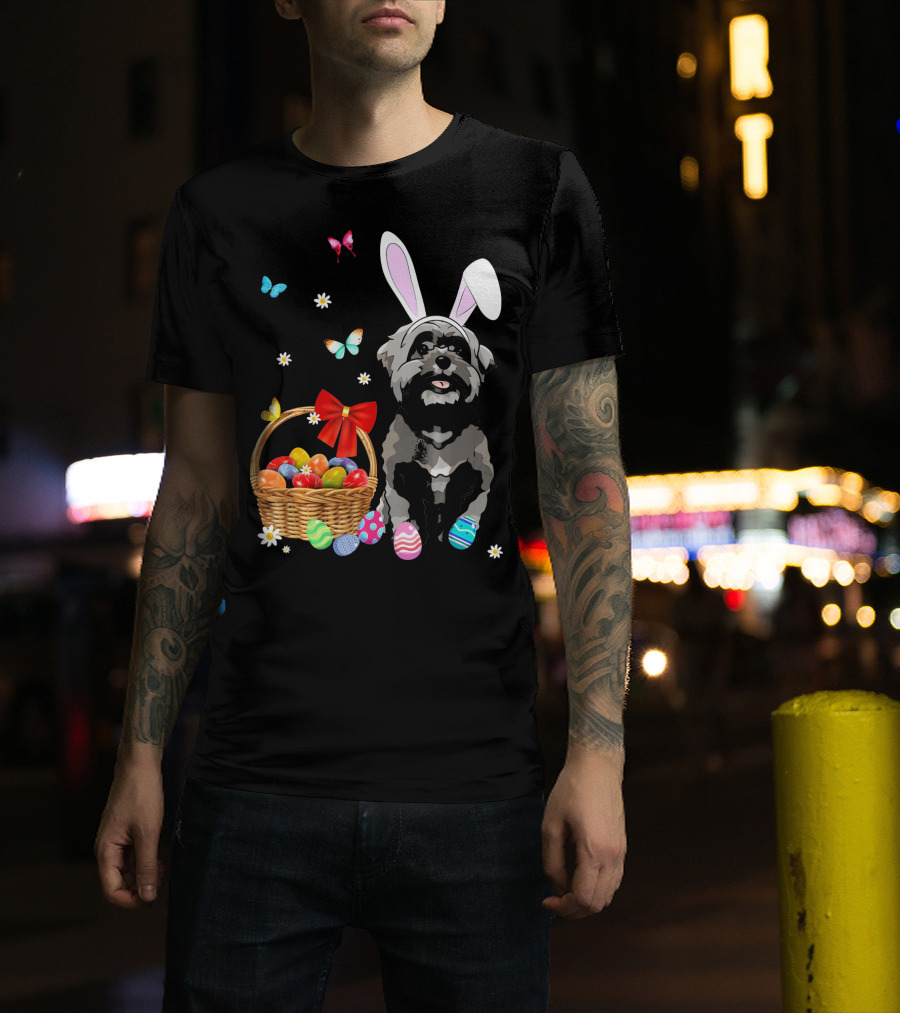 Shih Tzu With Bunny Ears And Easter Egg Basket With Butterflies And Flowers T-Shirt