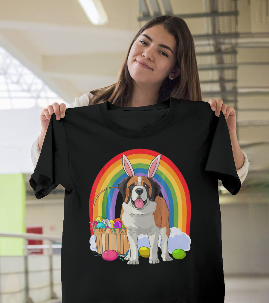 Saint Bernard Bunny Dog with Easter Eggs and Rainbow T-Shirt
