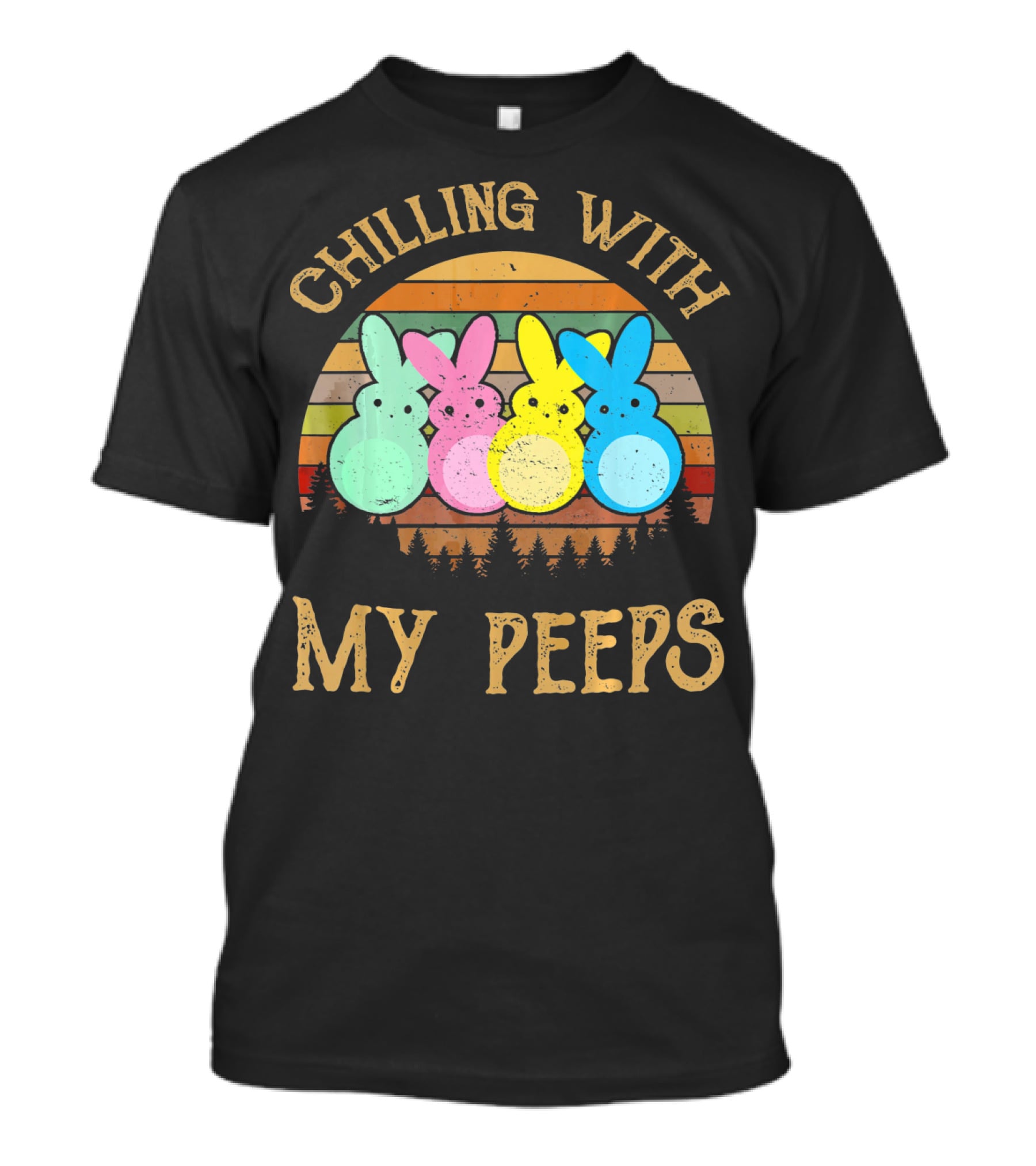 Chilling With My Peeps Vintage Easter Bun Bunnies Retro Sunset Stripes T-Shirt