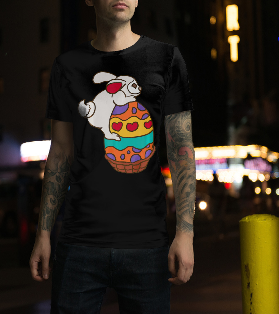Easter Bunny Hugging Colorful Heart Patterned Egg T-Shirt
