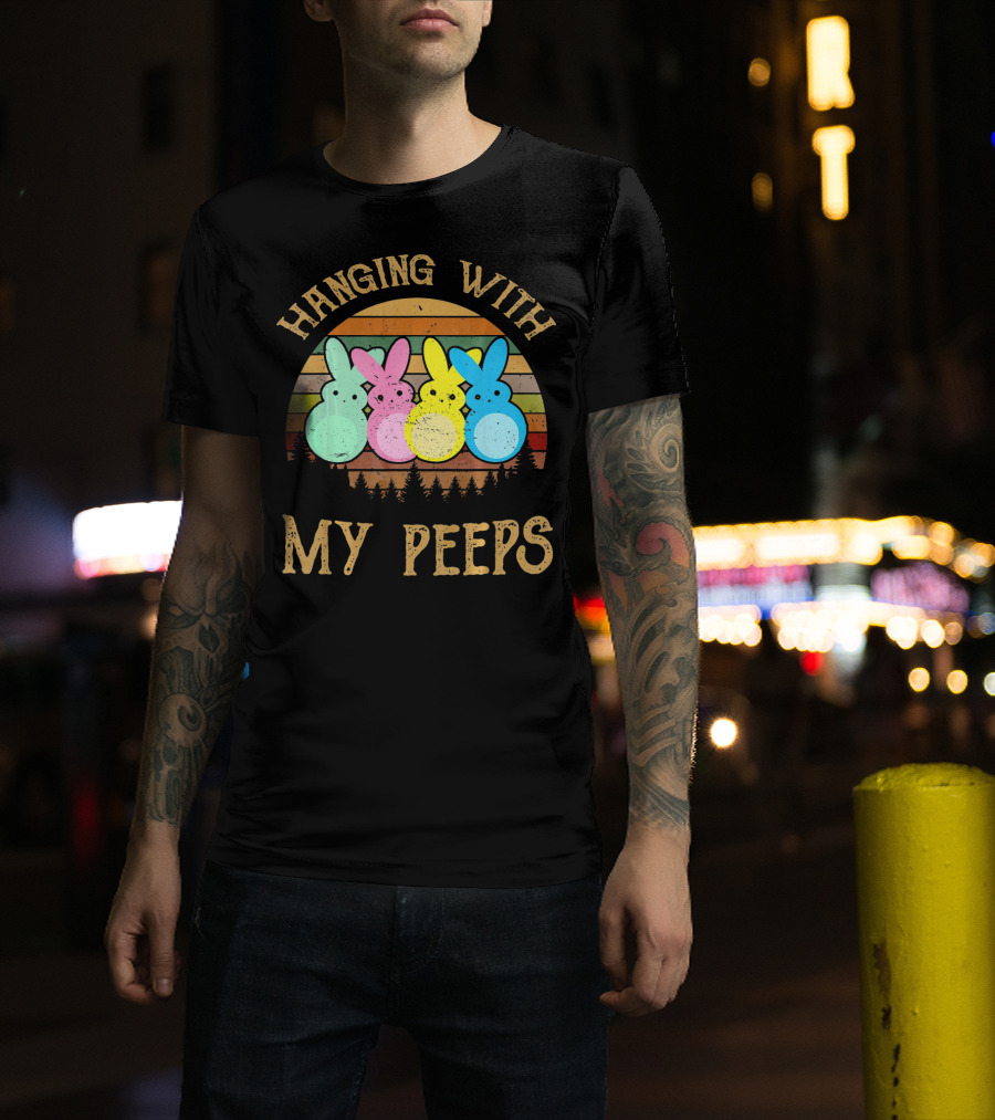 Hanging With My Peeps Vintage Easter Bunnies Retro Sunset T-Shirt