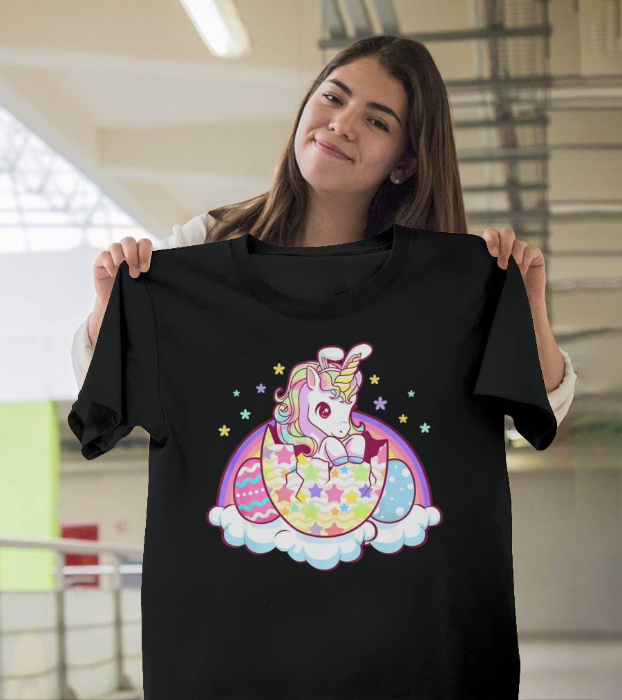 Easter Unicorn Hatching From Egg With Rainbow And Stars T-Shirt