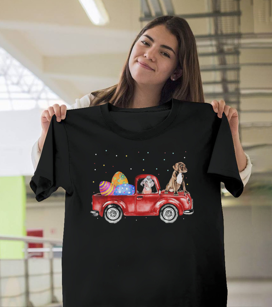 Pitbulls On Easter Egg Truck With Colorful Dots T-Shirt