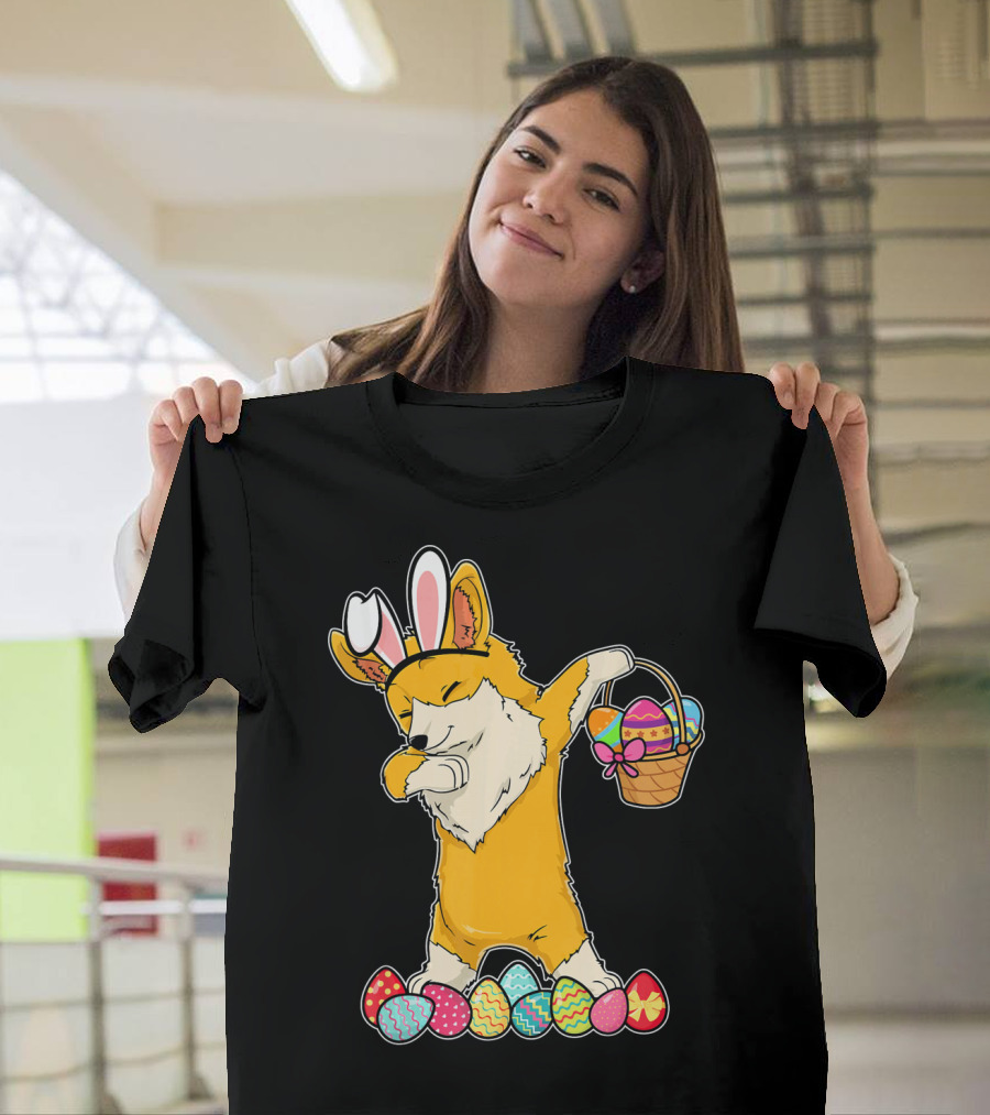 Corgi Dabbing Easter Basket Bunny Ears Eggs T-Shirt