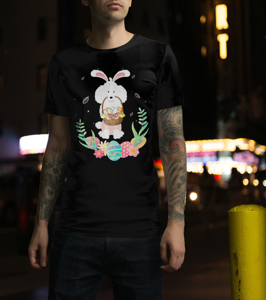 Poodle Bunny Ears Easter Egg Basket Spring Leaves T-Shirt