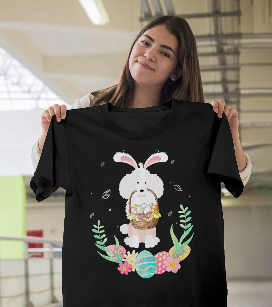 Poodle Bunny Ears Easter Egg Basket Spring Leaves T-Shirt