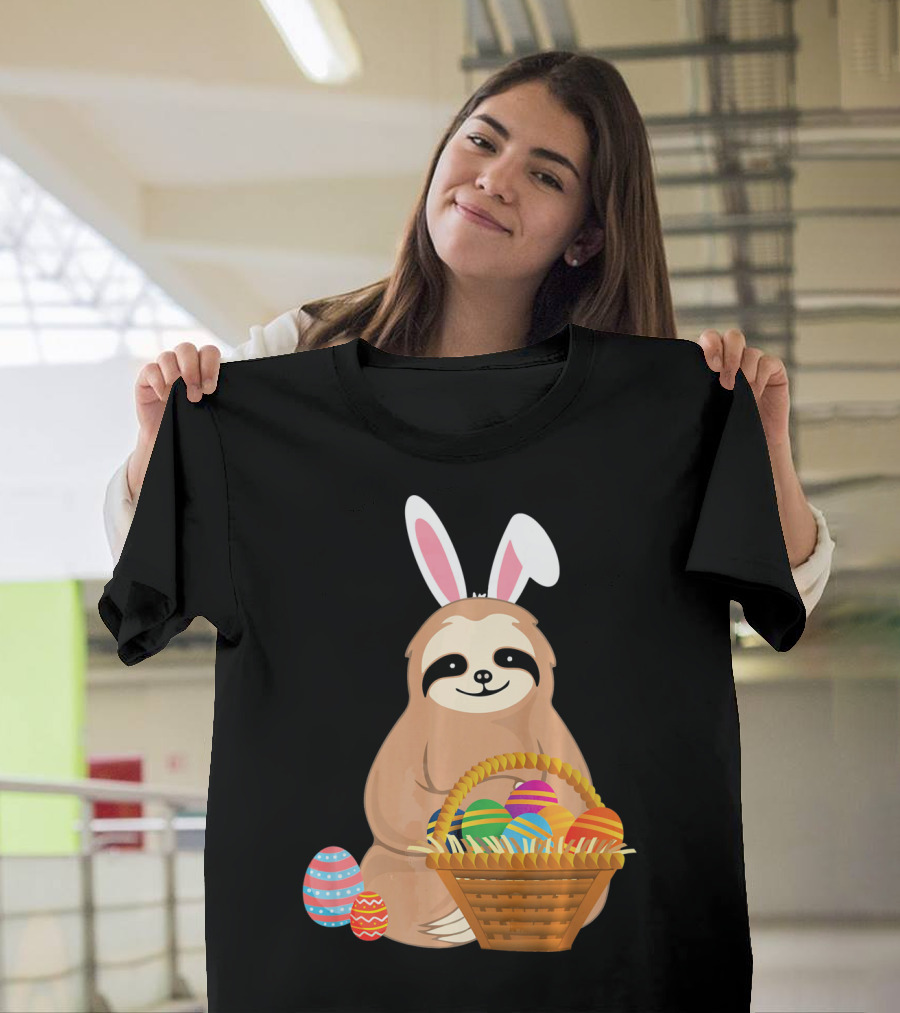 Easter Sloth Bunny with Colorful Eggs Basket T-Shirt