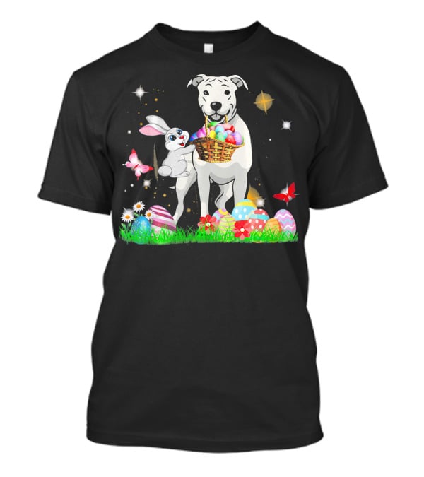 Easter Day Dogo Argentino With Bunny Basket Of Eggs And Butterflies T-Shirt