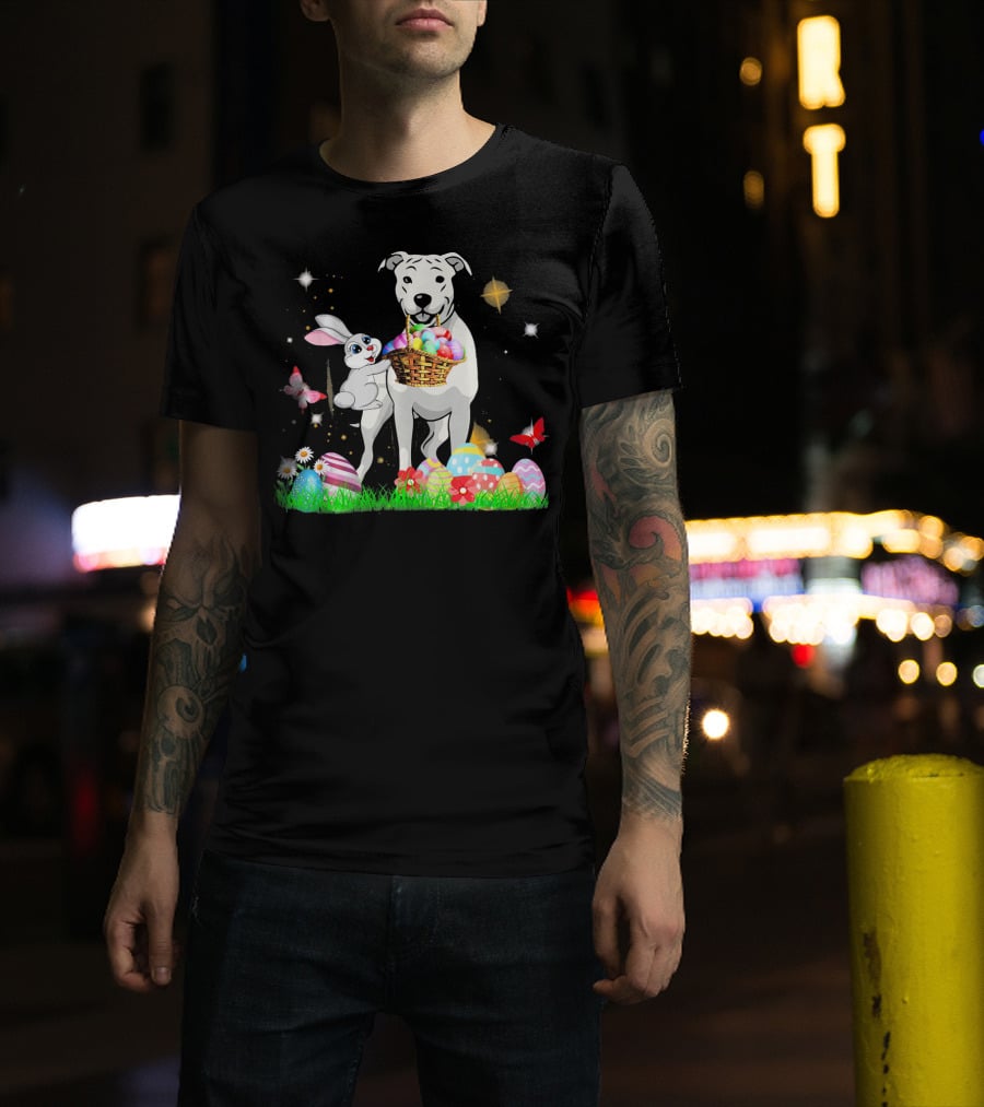Easter Day Dogo Argentino With Bunny Basket Of Eggs And Butterflies T-Shirt